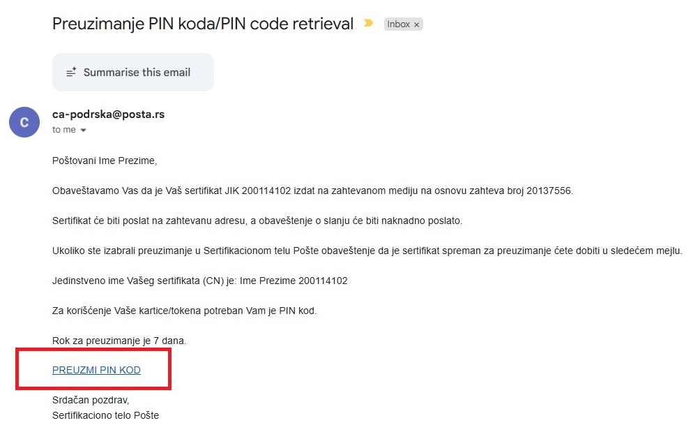 Primer imejla sa linkom PREUZMI PIN KOD