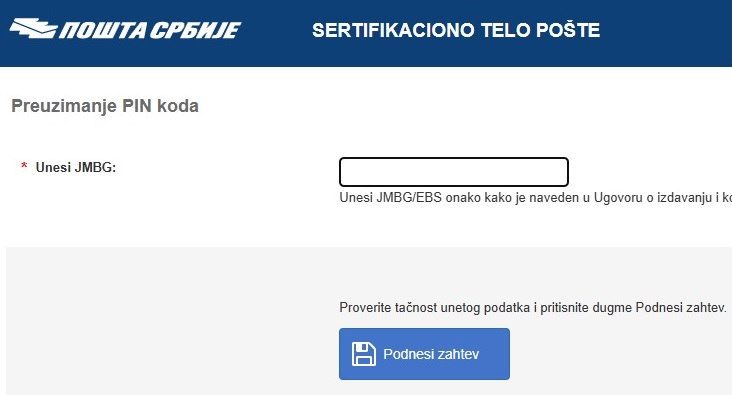 Stranica za unos JMBG/EBS ili broja pasoša